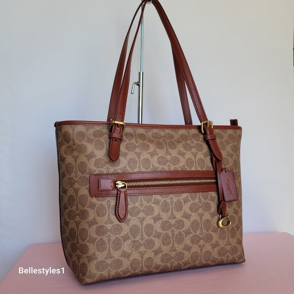 COACH Taylor Signature Logo Canvas Tote with C Dangle Charm-Tan Rust color ⭐ - Picture 3 of 16